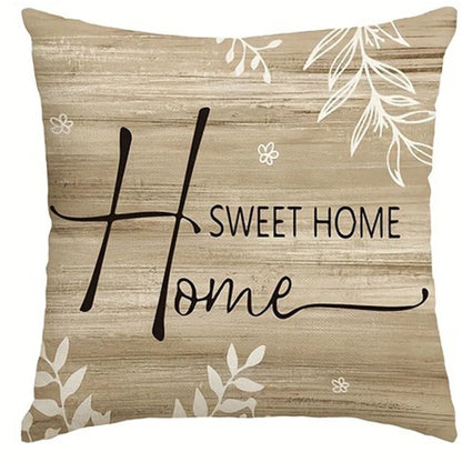 Nutshell sweet home decorative pillow cover with beige wood texture and white leaf accents