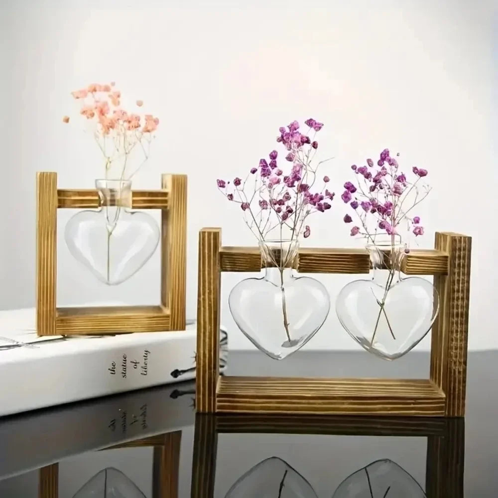 Nutshell tabletop glass planter propagation station with heart-shaped vases for floral displays