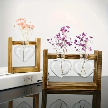 Nutshell tabletop glass planter propagation station with heart-shaped vases for floral displays