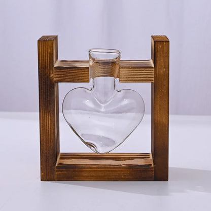 Nutshell tabletop glass planter propagation station in heart shape with wooden frame for plant lovers