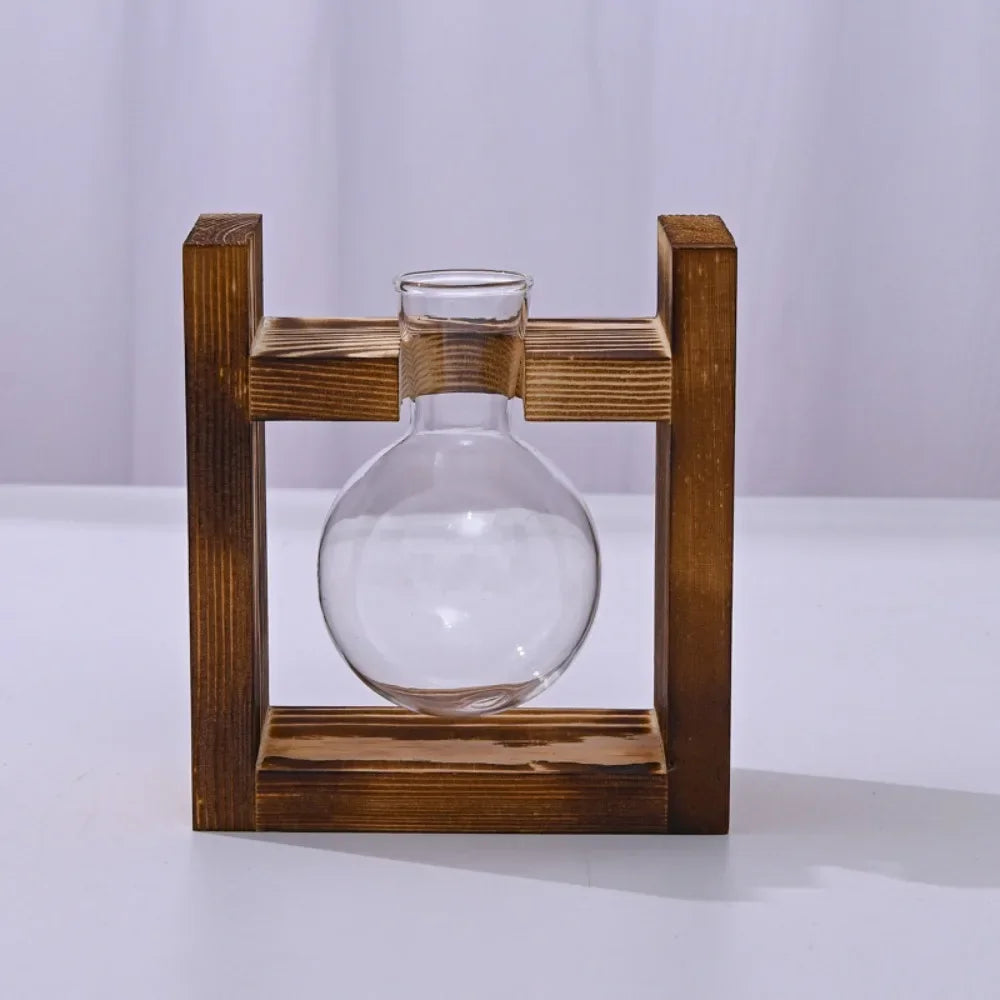 Nutshell tabletop glass planter propagation station with a wooden frame and round glass vase design