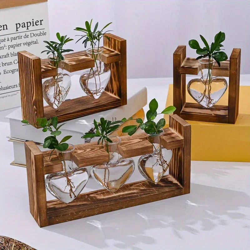 Nutshell tabletop glass planter propagation station with heart-shaped glass vases and wooden stand