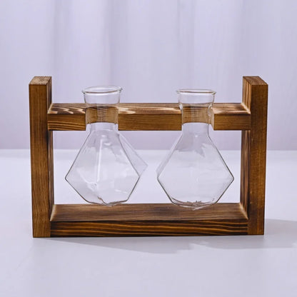 Tabletop glass planter propagation station with wooden stand and two glass vases for plant propagation