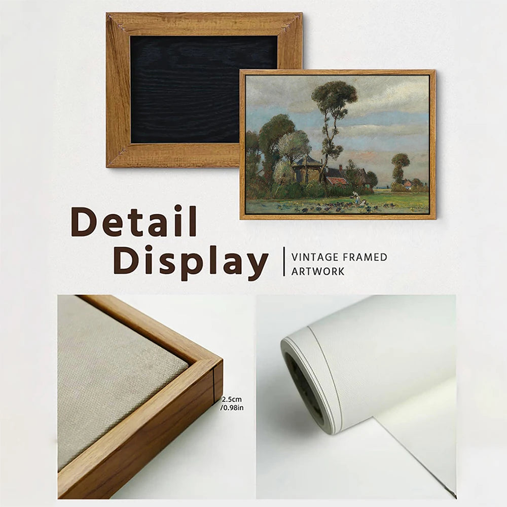 Tall tree canvas wall art displayed in a vintage framed artwork with details of frame and canvas texture