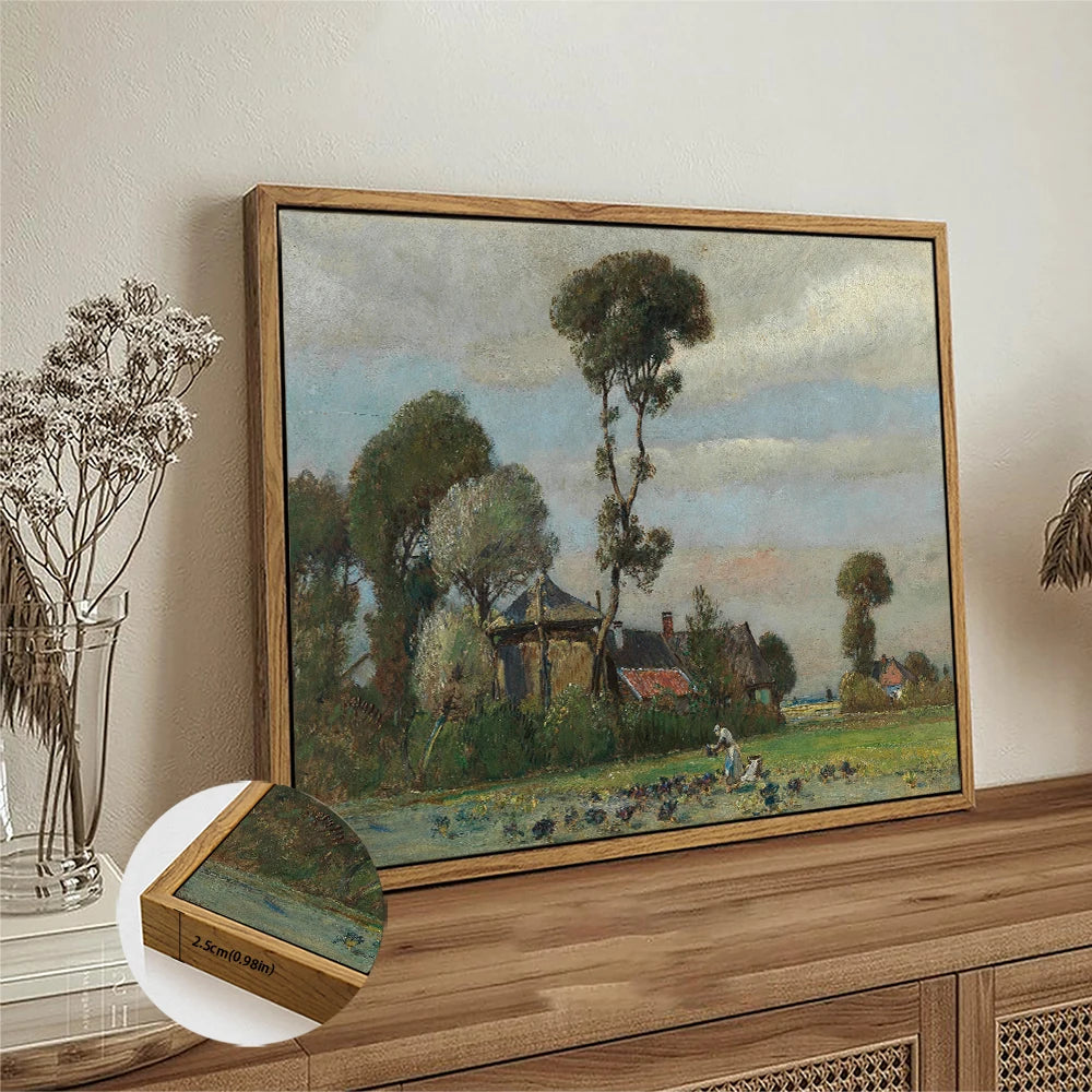 Nutshell tall tree canvas wall art displayed in a wooden frame on a stylish table
