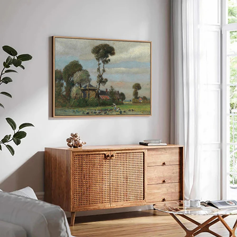 Beautiful tall tree canvas wall art showcasing serene landscape with trees and a distant house