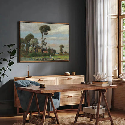 Tall tree canvas wall art depicting serene landscape with trees and a farmhouse