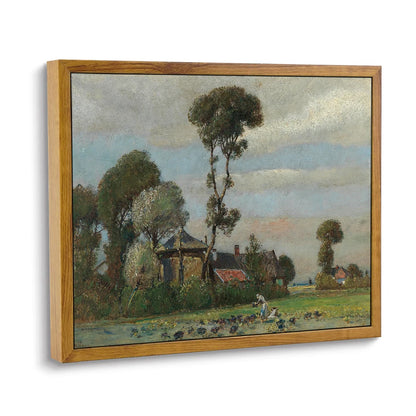 Nutshell tall tree canvas wall art featuring a serene landscape with trees and a cottage