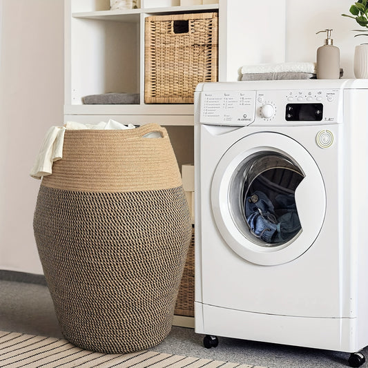 Tall Wicker Large Laundry Hamper in a modern laundry room for efficient clothing storage