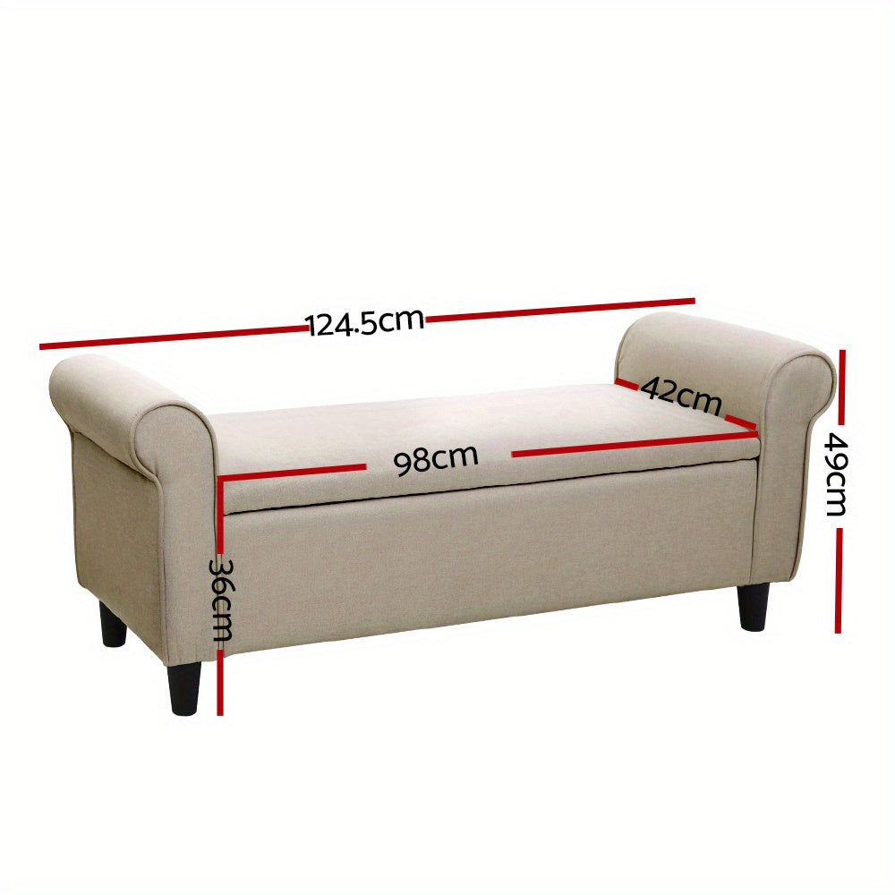 Taupe storage ottoman bench with armrests and hidden storage space for living room organization