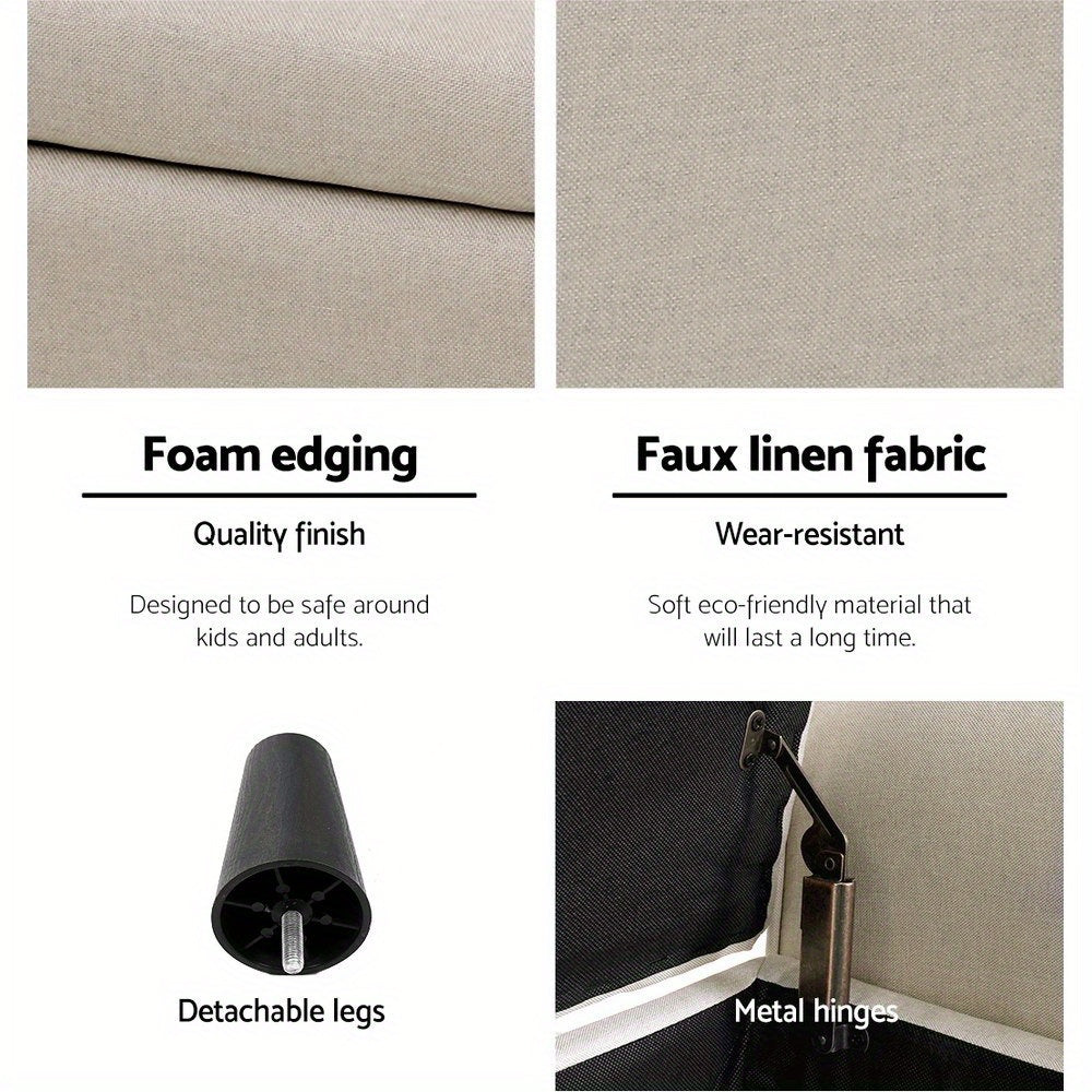 Taupe storage ottoman bench with faux linen fabric and detachable legs for versatile home use