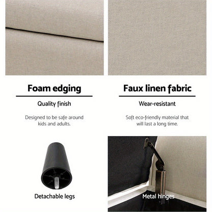 Taupe storage ottoman bench with faux linen fabric and detachable legs for versatile home use
