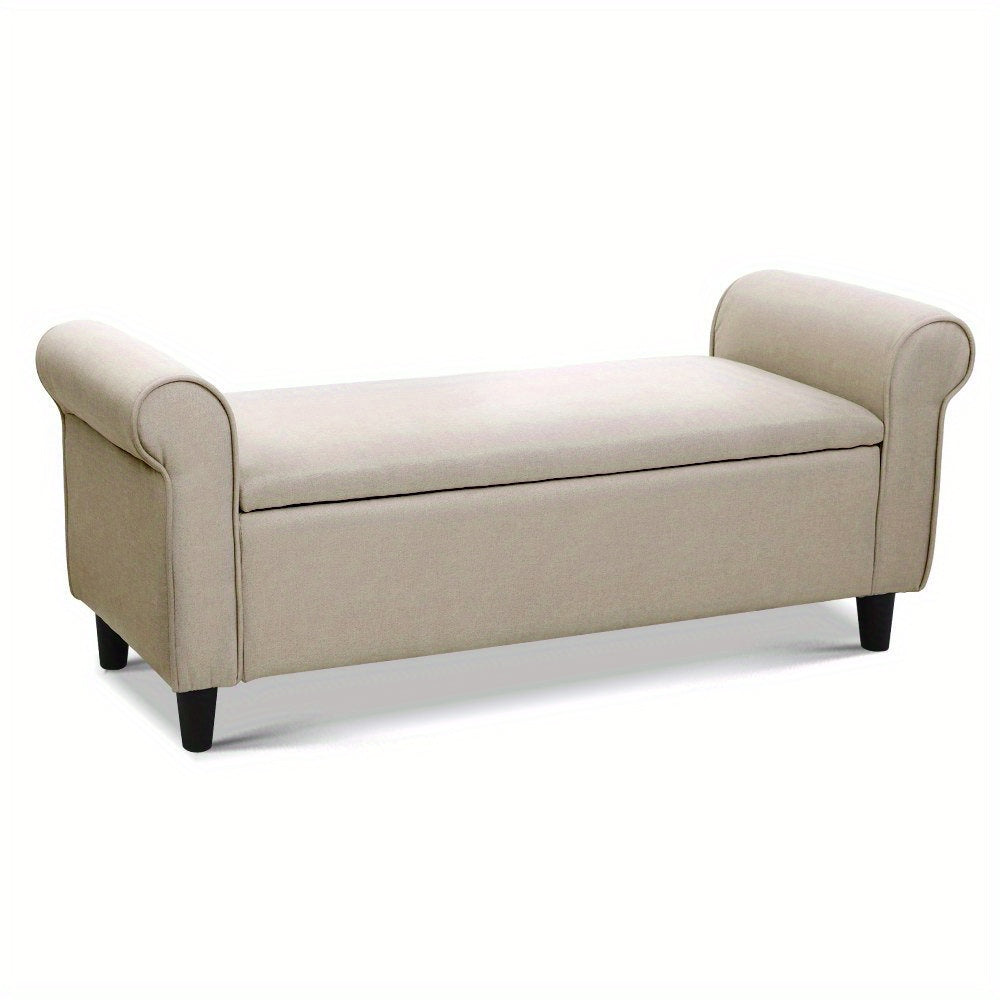 Stylish taupe storage ottoman bench with rolled arms and ample hidden storage for any room