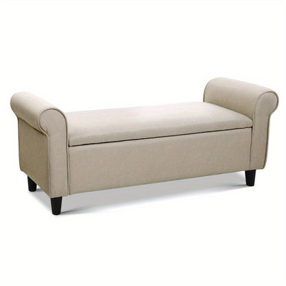 Stylish taupe storage ottoman bench with rolled arms and ample hidden storage for any room