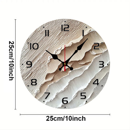 Textured wooden wall clock with unique design and red clock hands, perfect for home decor