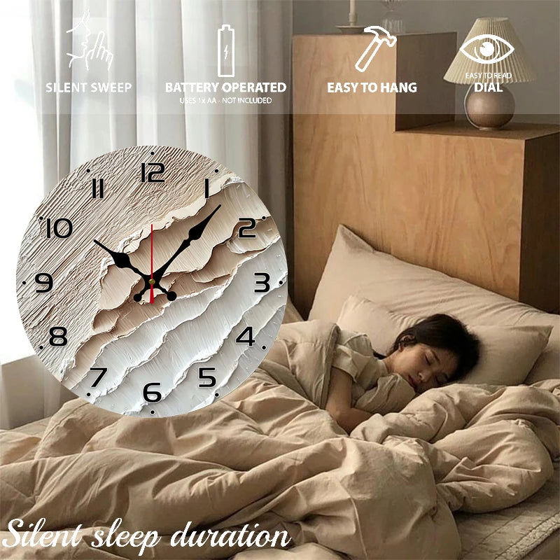 Textured wooden wall clock featuring a silent sweep mechanism for a peaceful bedroom setting
