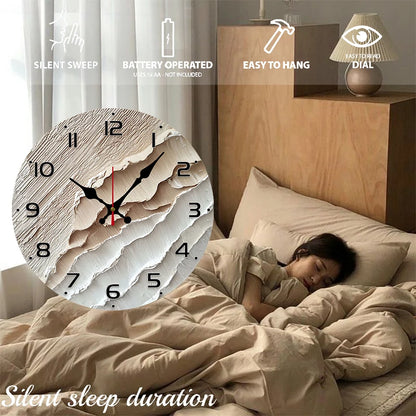 Textured wooden wall clock featuring a silent sweep mechanism for a peaceful bedroom setting