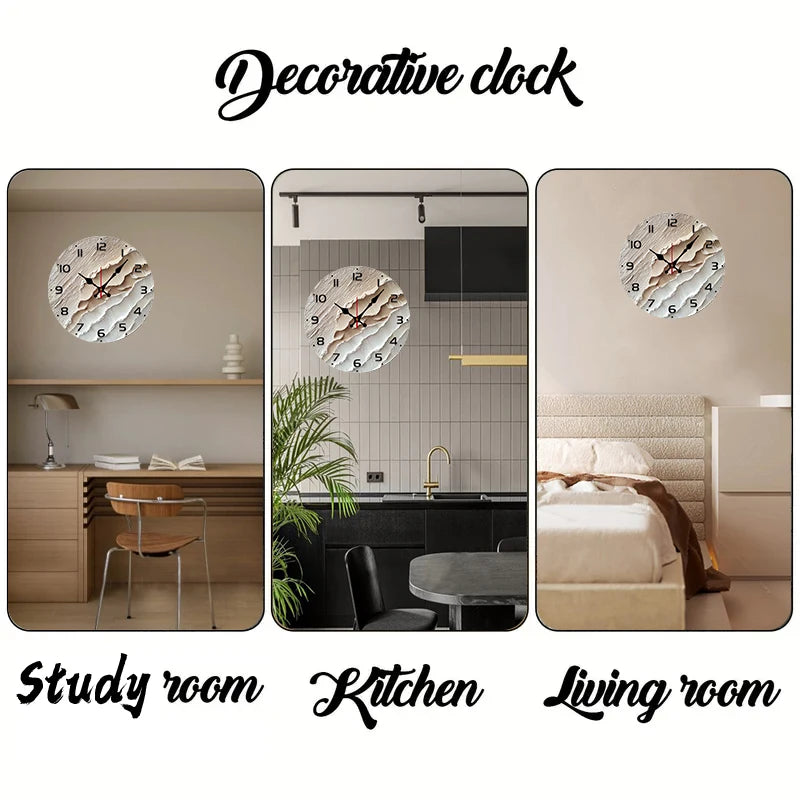 Textured wooden wall clock displayed in a study room, kitchen, and living room setting