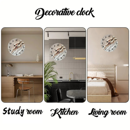Textured wooden wall clock displayed in a study room, kitchen, and living room setting
