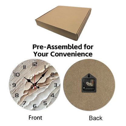 Textured wooden wall clock featuring a carved design and pre-assembled for easy setup