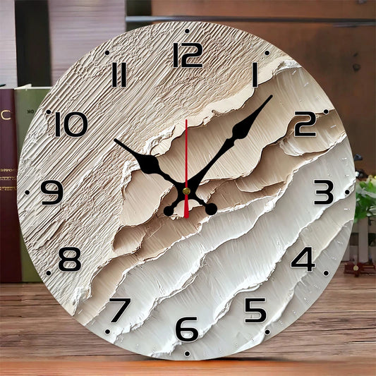 Textured wooden wall clock with a unique layered design and large black numbers for easy reading