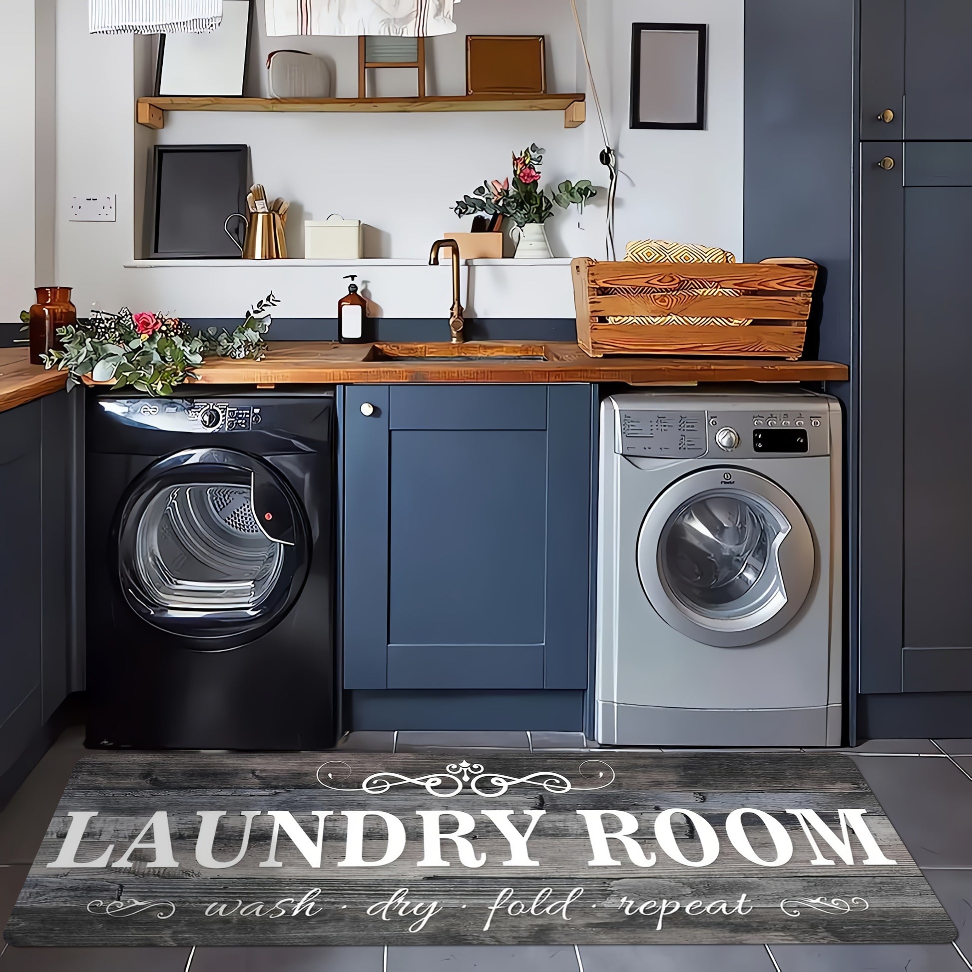 Thick sponge comfort laundry mat in a stylish laundry room with modern appliances