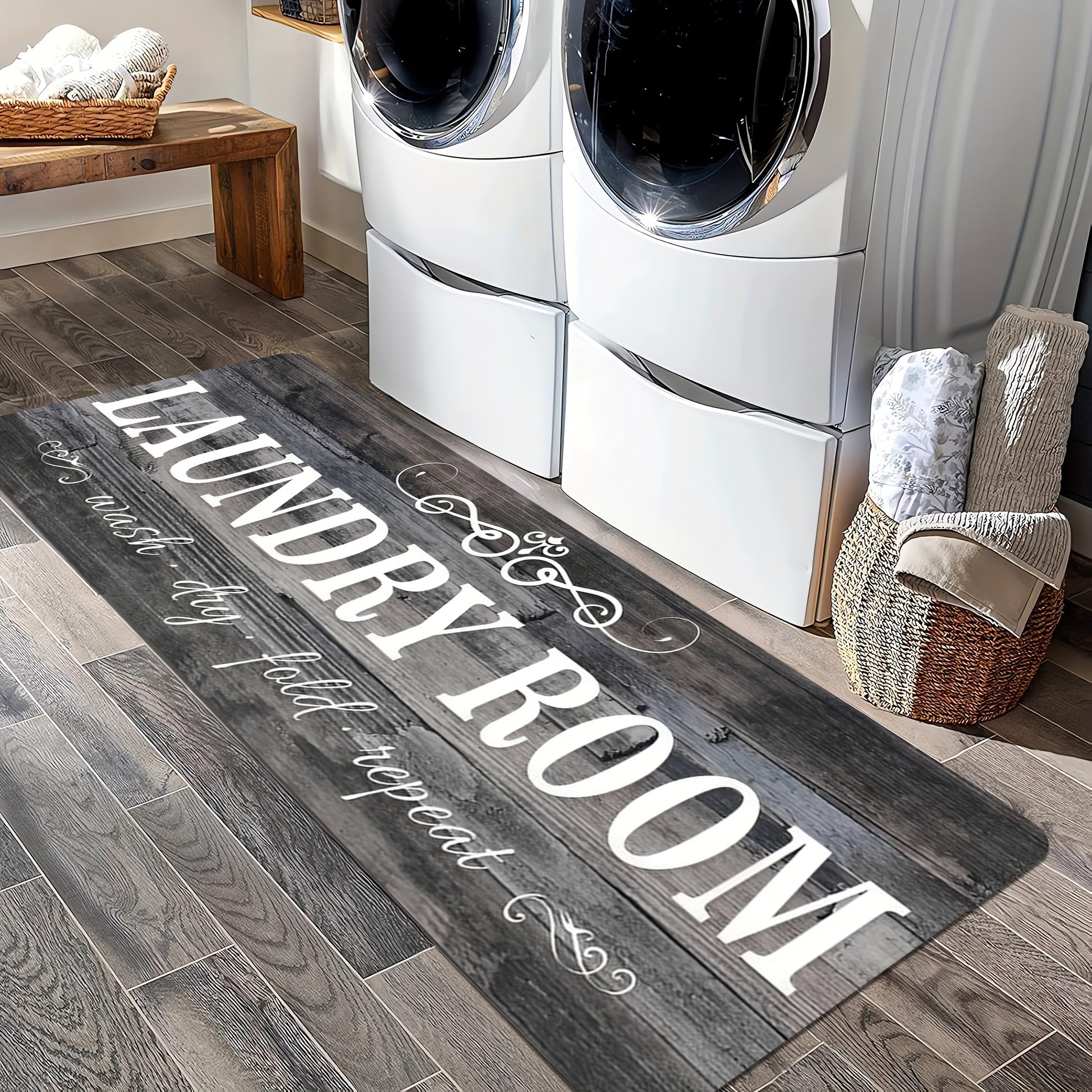 Thick sponge comfort laundry mat with decorative laundry room lettering in a stylish home setting