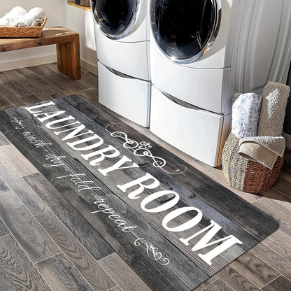 Thick sponge comfort laundry mat with decorative laundry room lettering in a stylish home setting