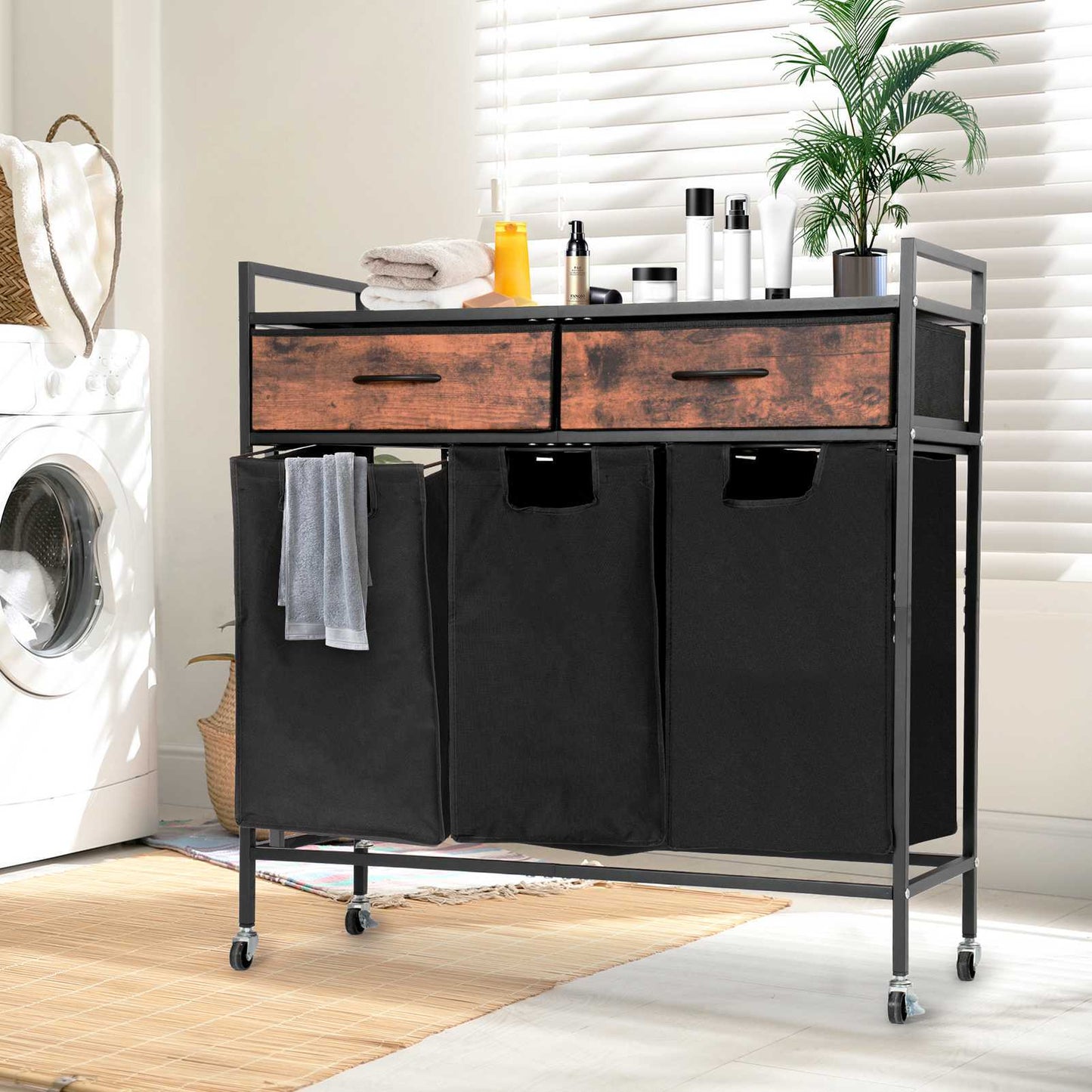 Nutshell three section laundry sorter with drawers in a stylish design for organized laundry management