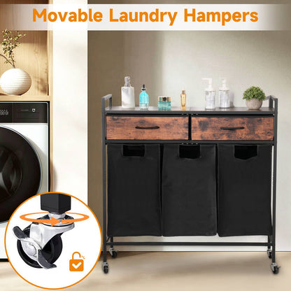 Nutshell three section laundry sorter with drawers on wheels for easy mobility and organization