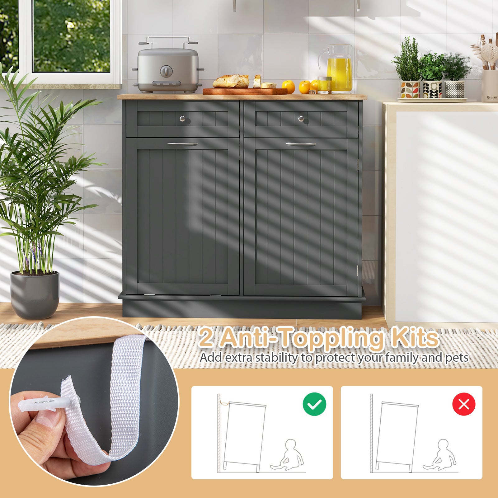 Nutshell tilt-out trash cabinet in dark gray with wooden countertop and anti-topping kits for stability