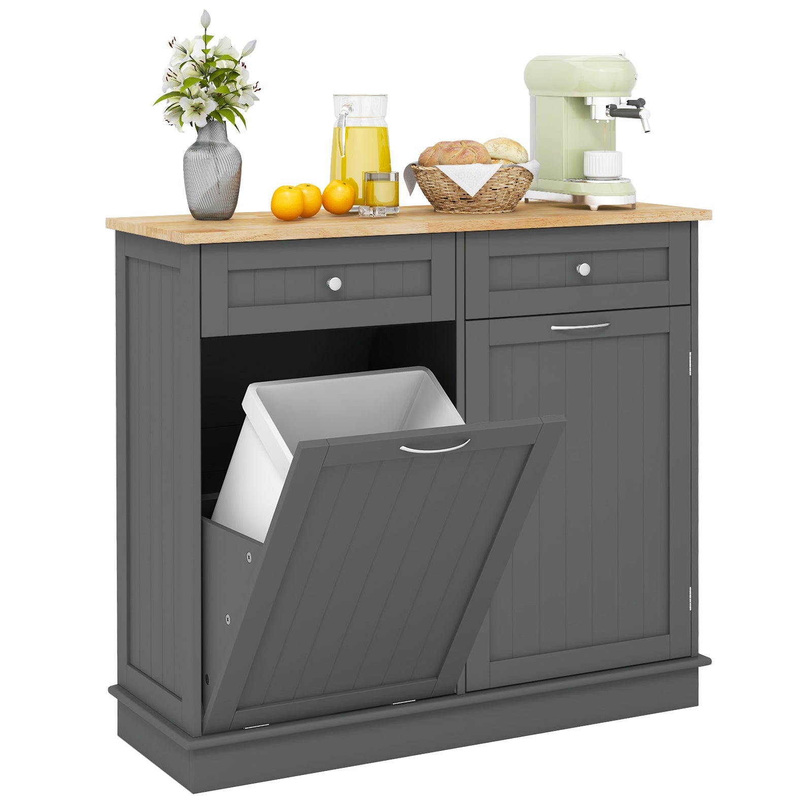 Nutshell tilt-out trash cabinet in gray with a wooden top, featuring a hidden trash bin and open storage space