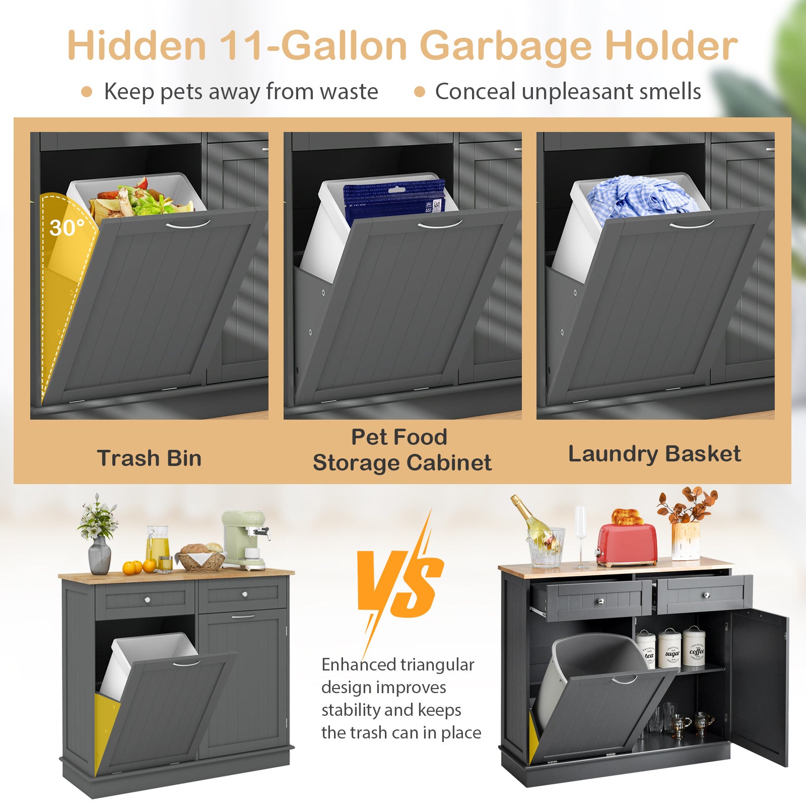 Nutshell tilt-out trash cabinet with hidden 11-gallon garbage holder for kitchen organization
