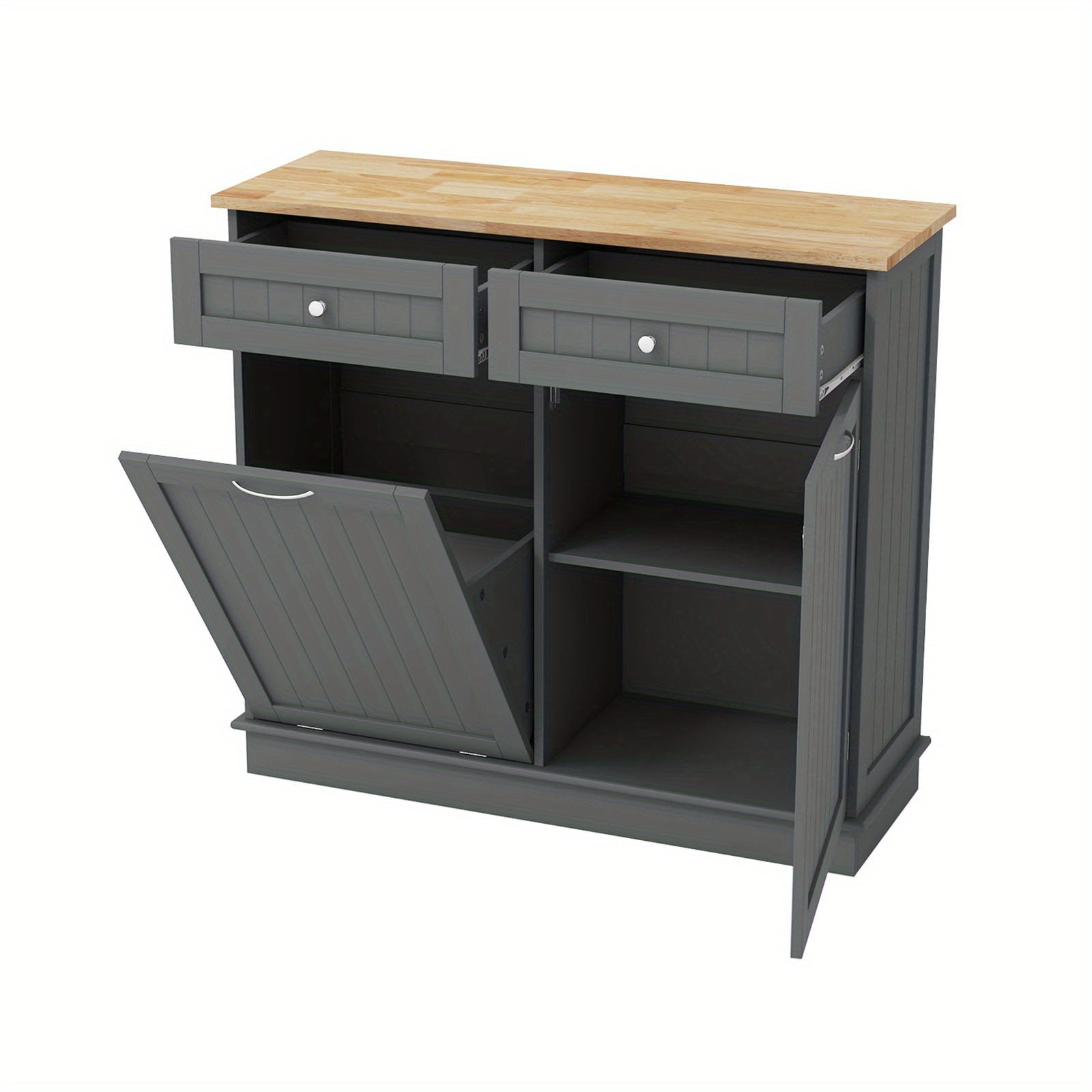Nutshell tilt-out trash cabinet with two drawers and a sleek design for organized kitchen storage