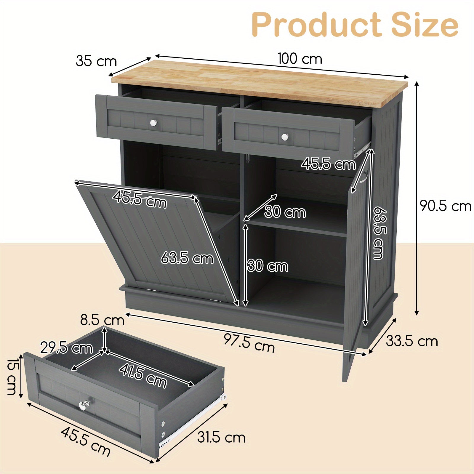 Nutshell tilt-out trash cabinet in gray with two drawers and wooden top for stylish kitchen storage
