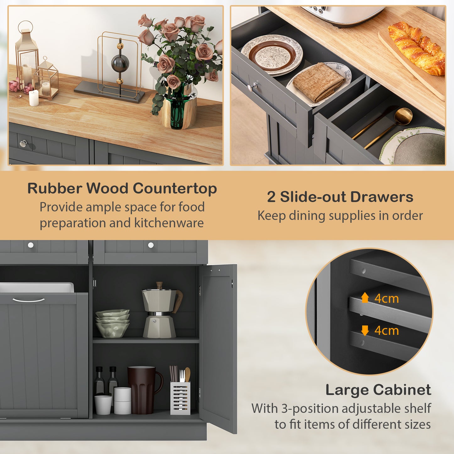 Nutshell tilt-out trash cabinet with rubber wood countertop and ample storage space
