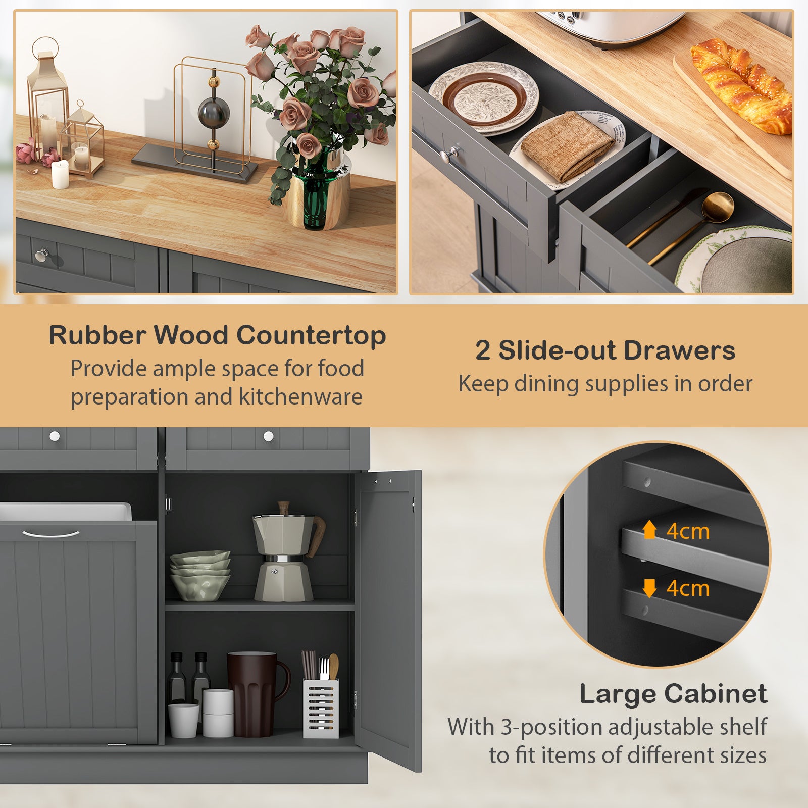 Nutshell tilt-out trash cabinet with rubber wood countertop and ample storage space