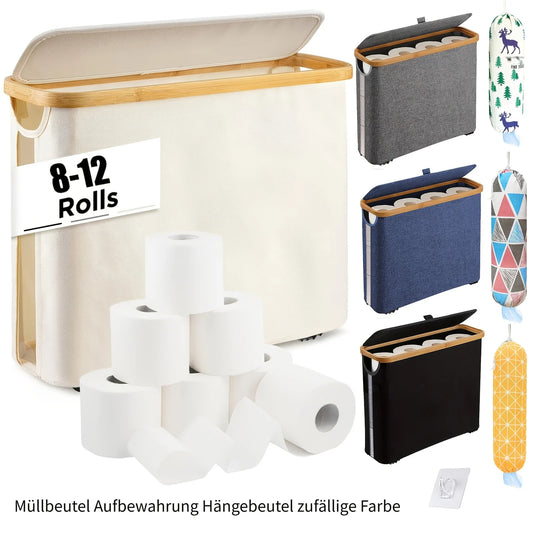 Nutshell toilet paper organizer with lid for storing 8-12 rolls in a stylish design