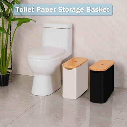 Nutshell Toilet Paper Storage Box in white and black beside a toilet for organized bathroom storage