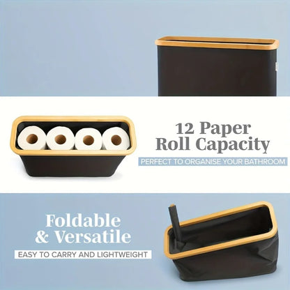 Nutshell Toilet Paper Storage Box with 12 roll capacity, foldable and versatile for easy bathroom organization