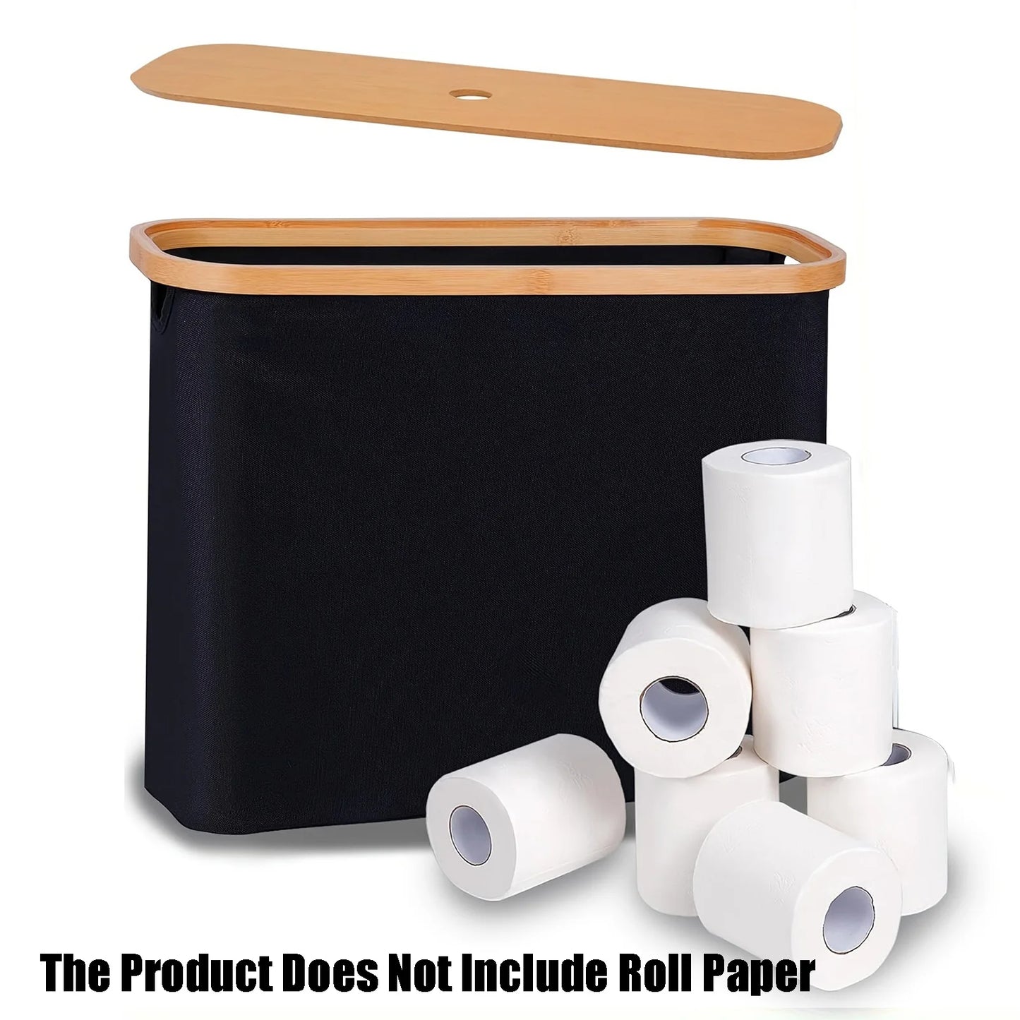 Nutshell Toilet Paper Storage Box in Black with Bamboo Lid and multiple rolls of toilet paper