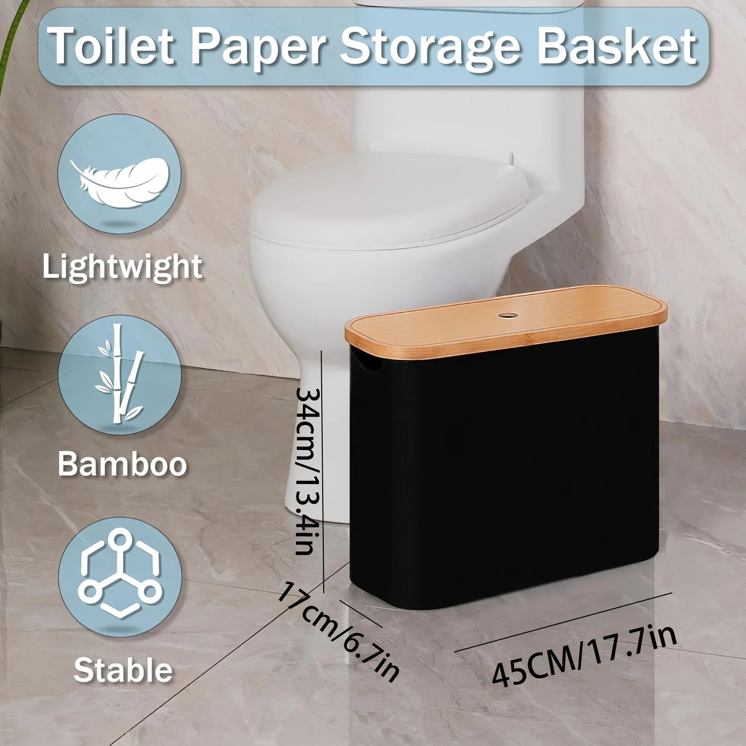 Toilet Paper Storage Box in black with bamboo lid, lightweight and stable design near a toilet
