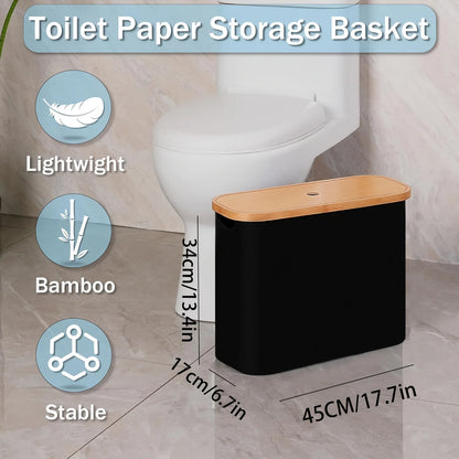 Toilet Paper Storage Box in black with bamboo lid, lightweight and stable design near a toilet