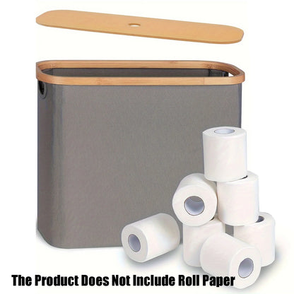 Nutshell Toilet Paper Storage Box with Bamboo Lid and gray fabric design, holds multiple rolls