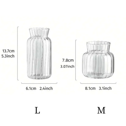 Nutshell transparent glass vase for flowers in two sizes, showcasing a ribbed design and elegant shape