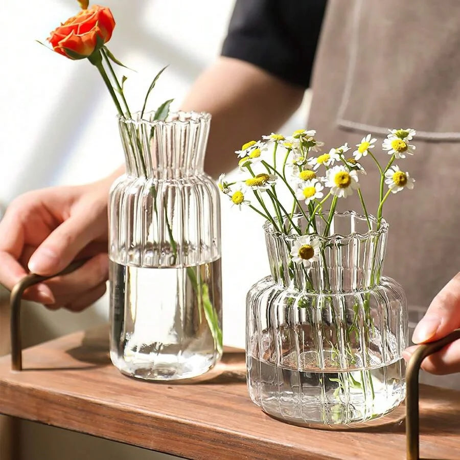 Two transparent glass vases for flowers with fresh blooms, showcasing elegant ribbed design