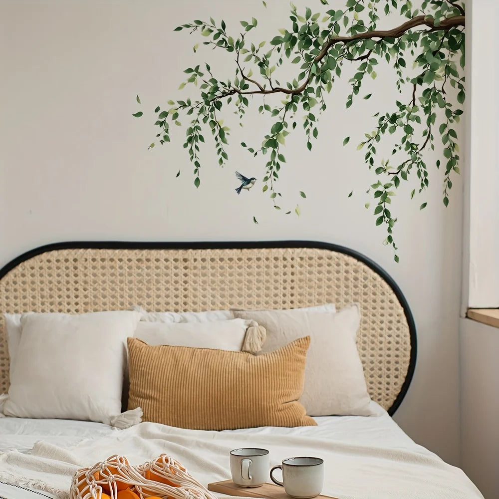 Nutshell tree branch wall stickers featuring green leaves for stylish room decor