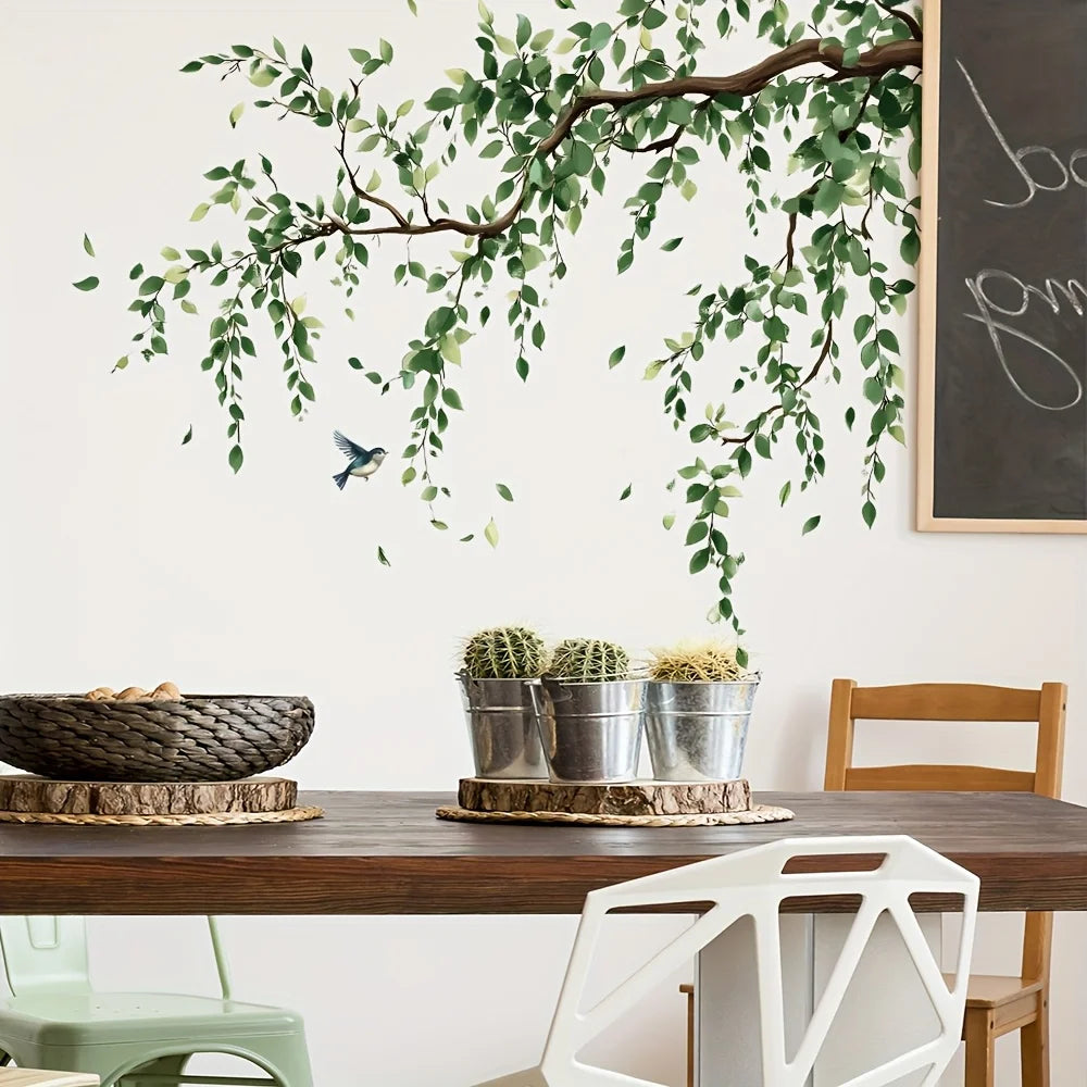 Nutshell tree branch wall stickers with green leaves and bird, perfect for home decoration