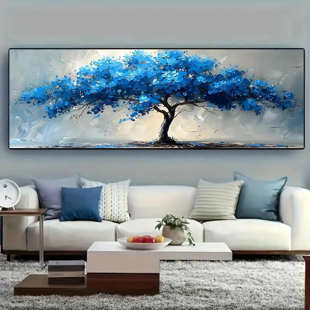 Vibrant blue tree of life canvas wall art above a modern living room couch
