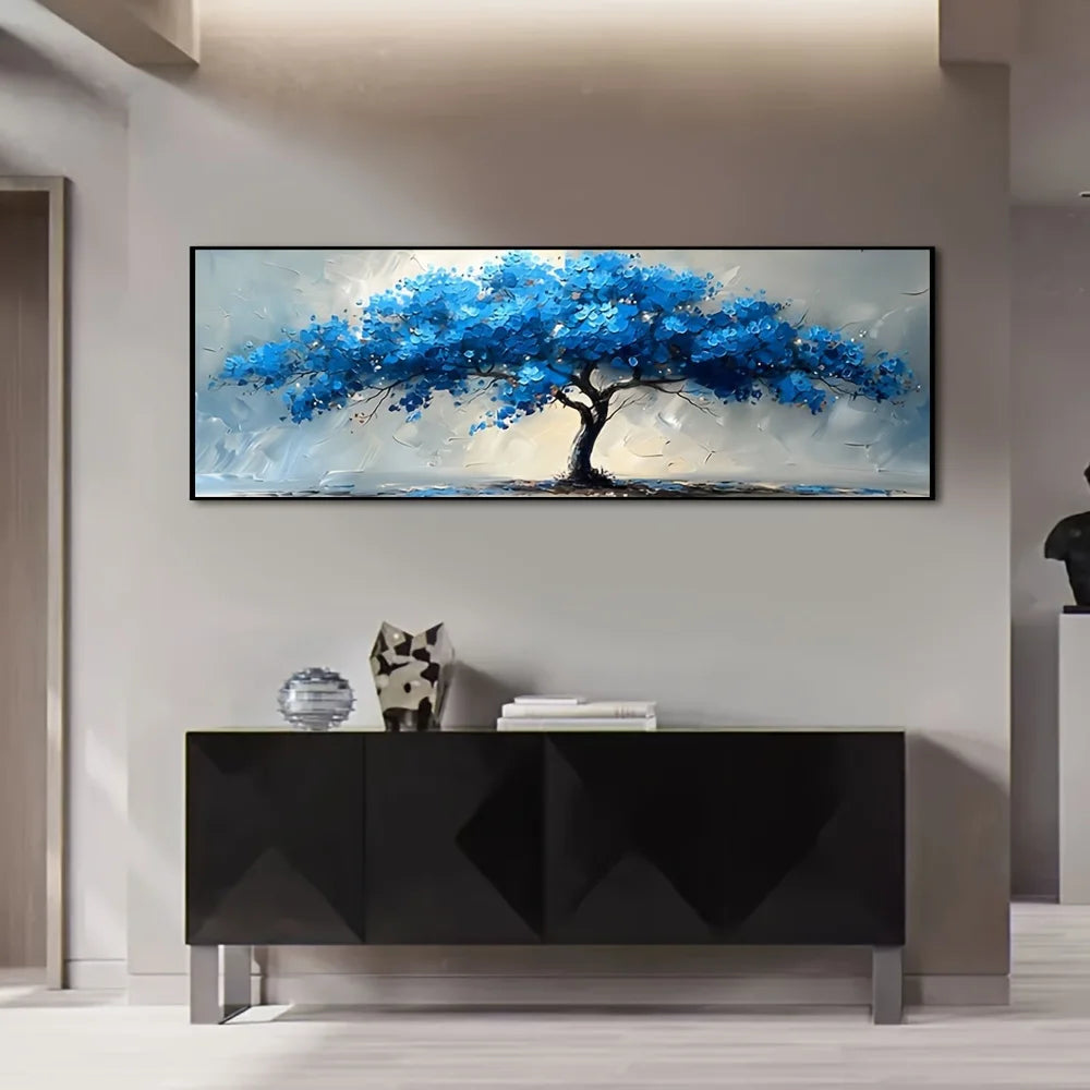 Vibrant tree of life canvas wall art with blue leaves on a textured background in modern interior